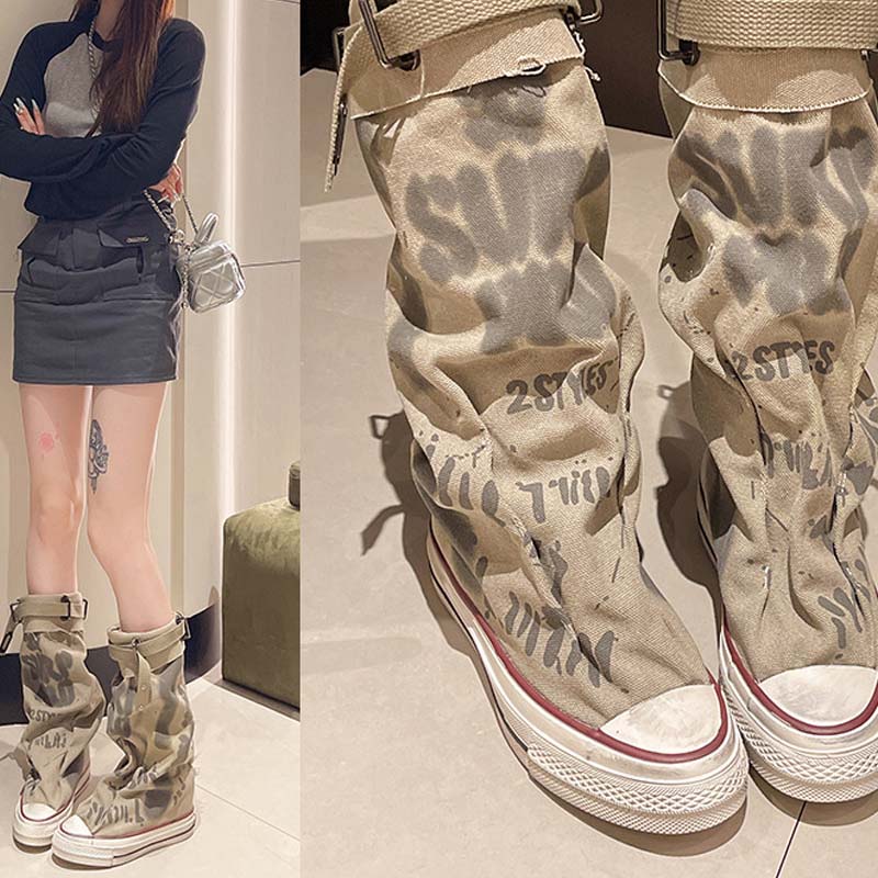 Botas retro de lona para mujer, planas y holgadas, media caña