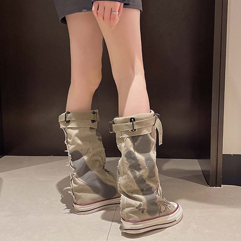 Botas retro de lona para mujer, planas y holgadas, media caña