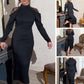 Elegante vestido midi con cuello alto y espalda de encaje para mujer