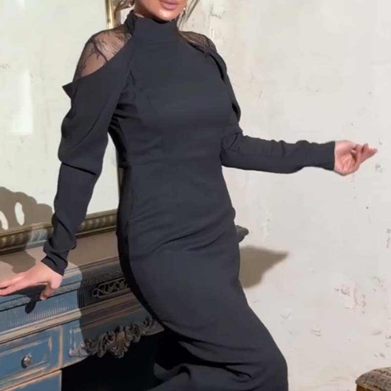 Elegante vestido midi con cuello alto y espalda de encaje para mujer