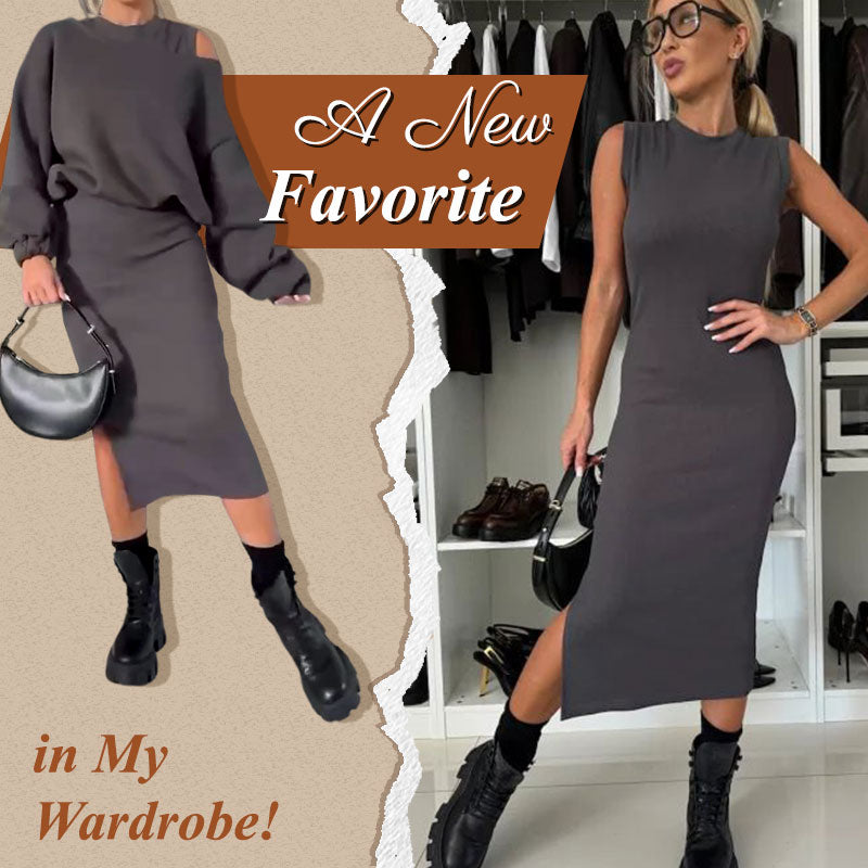 Elegante conjunto de sudadera con hombros caídos y vestido sin mangas para mujer: un look informal y chic 🎀
