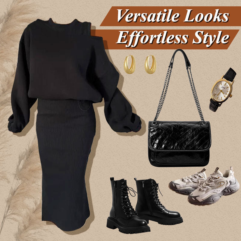 Elegante conjunto de sudadera con hombros caídos y vestido sin mangas para mujer: un look informal y chic 🎀