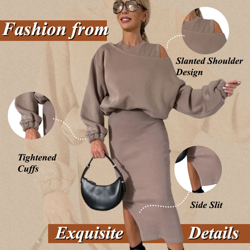 Elegante conjunto de sudadera con hombros caídos y vestido sin mangas para mujer: un look informal y chic 🎀