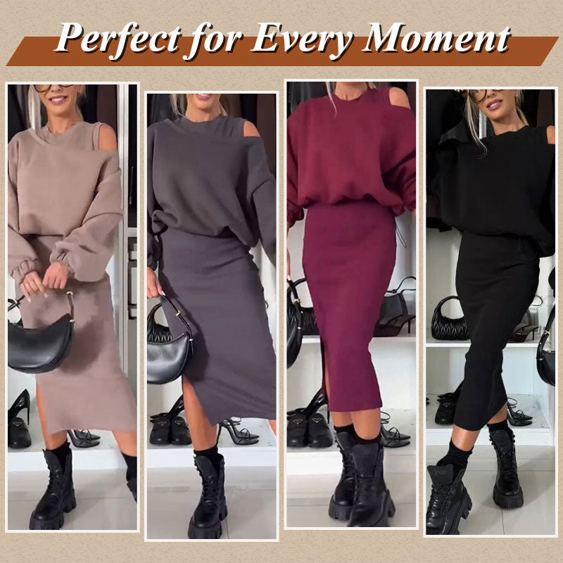 Elegante conjunto de sudadera con hombros caídos y vestido sin mangas para mujer: un look informal y chic 🎀