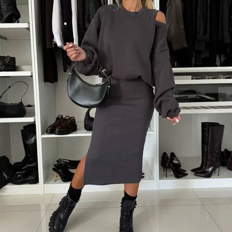 Elegante conjunto de sudadera con hombros caídos y vestido sin mangas para mujer: un look informal y chic 🎀
