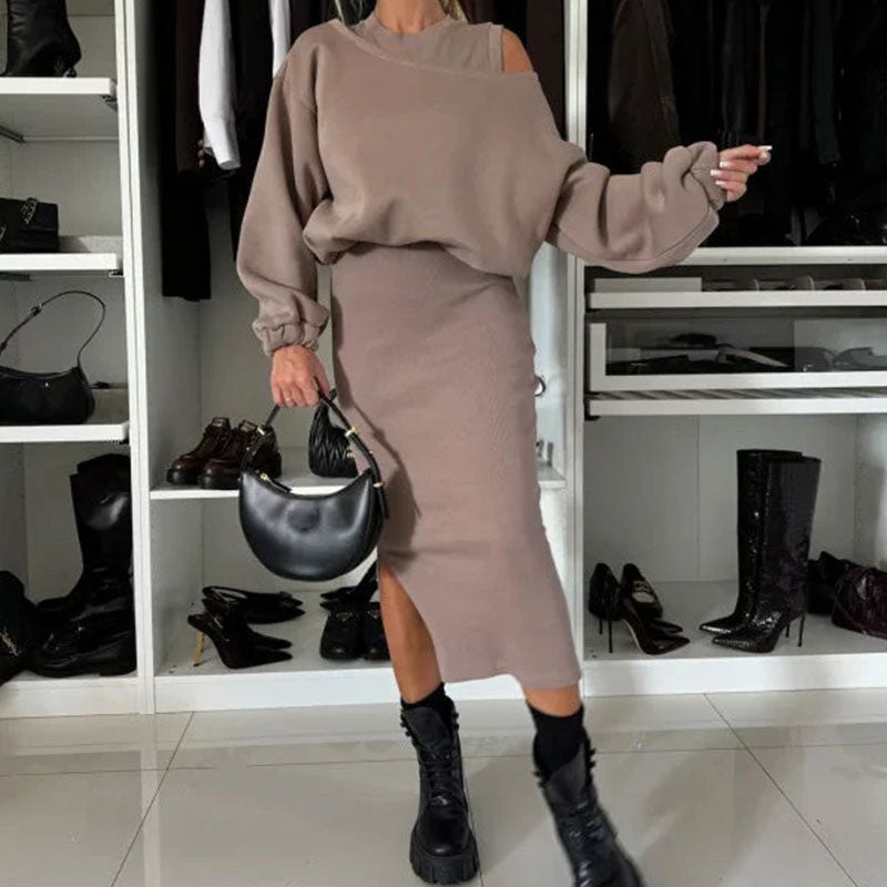 Elegante conjunto de sudadera con hombros caídos y vestido sin mangas para mujer: un look informal y chic 🎀