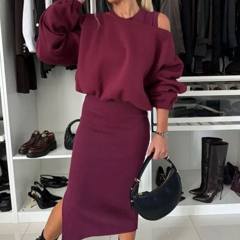 Elegante conjunto de sudadera con hombros caídos y vestido sin mangas para mujer: un look informal y chic 🎀
