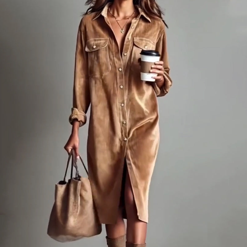 Vestido Camisero de Pana con Botones para Mujer
