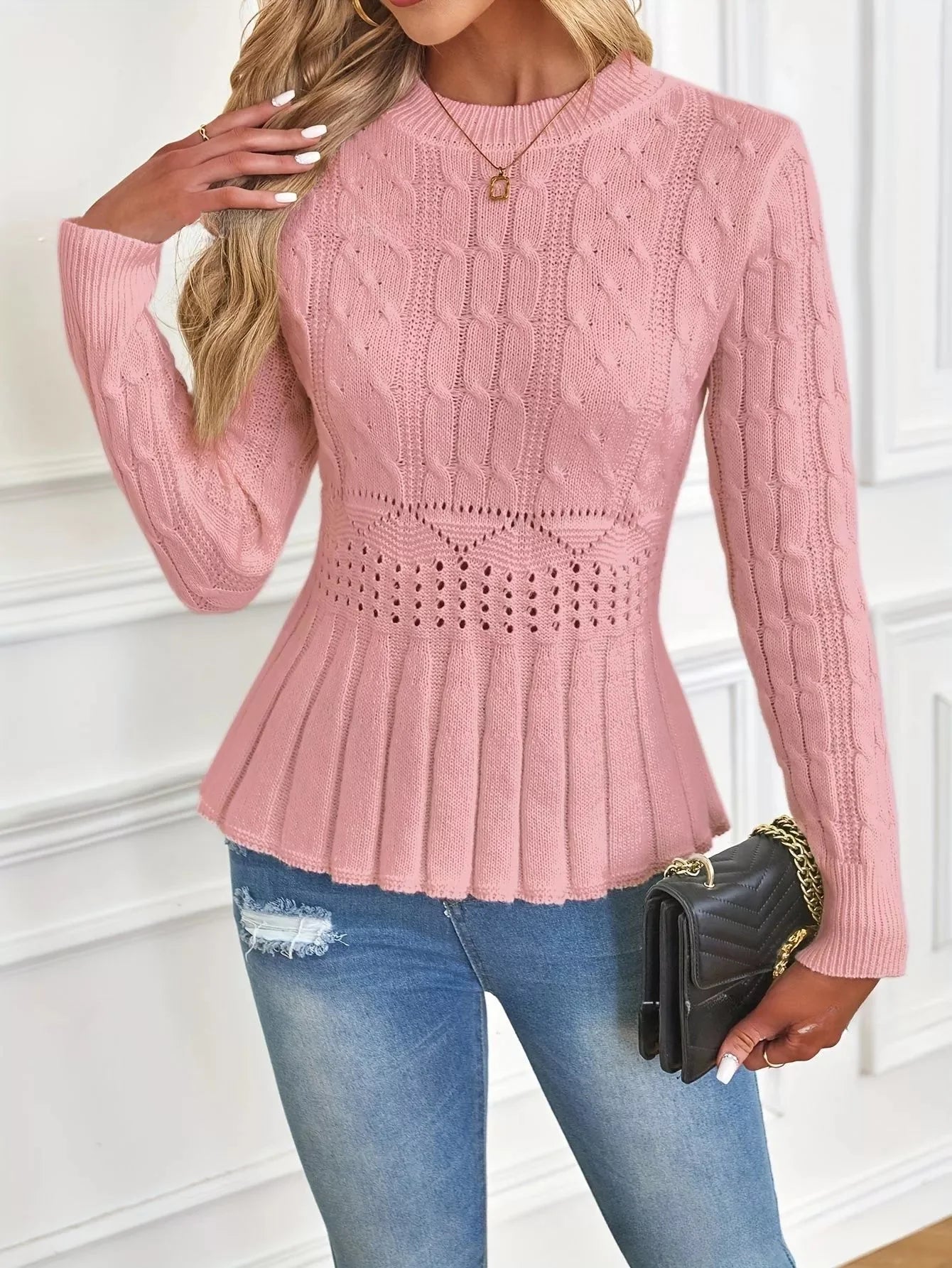 ⏳50% de descuento⏰por tiempo limitado Suéter🧶👚 peplum de cuello redondo de punto grueso para mujer