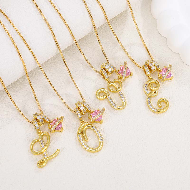 Collar con Dijes de Letra Inicial y Corazón Rosa