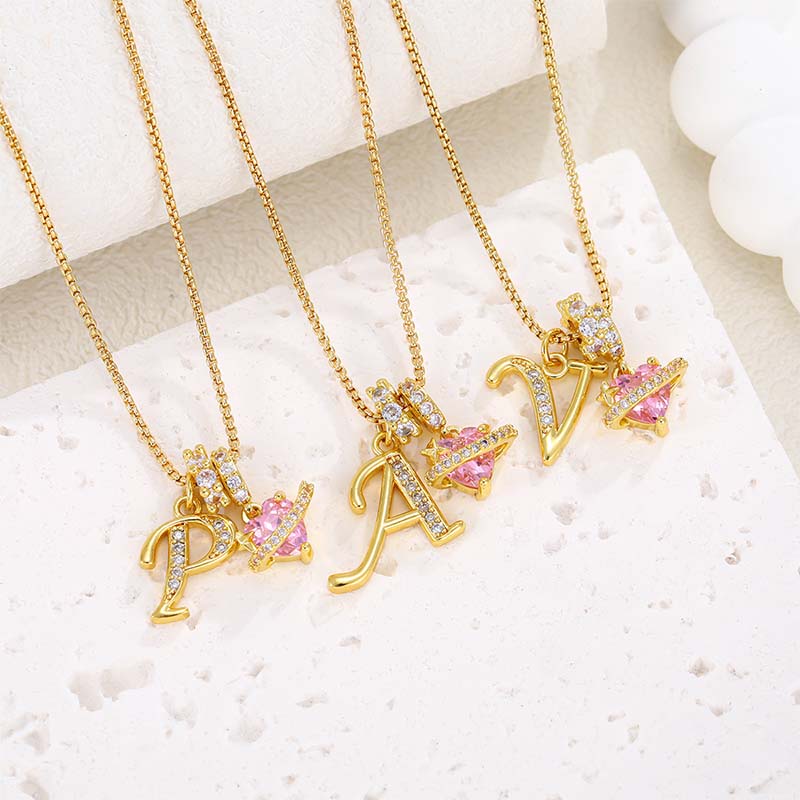 Collar con Dijes de Letra Inicial y Corazón Rosa