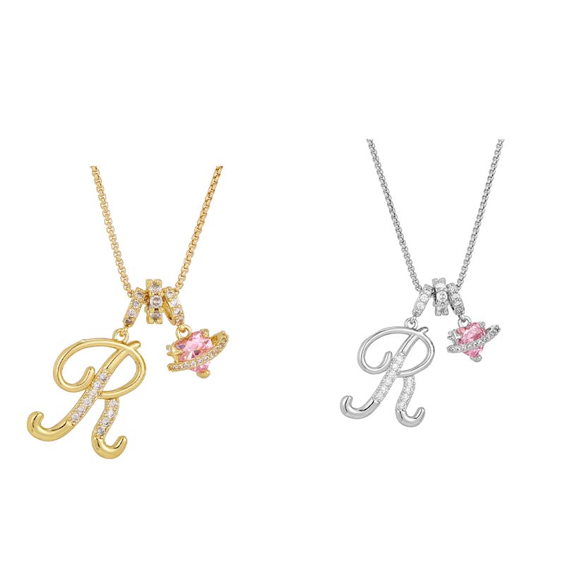 Collar con Dijes de Letra Inicial y Corazón Rosa