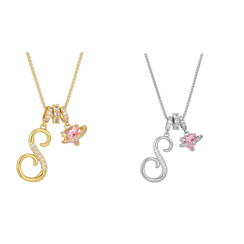Collar con Dijes de Letra Inicial y Corazón Rosa