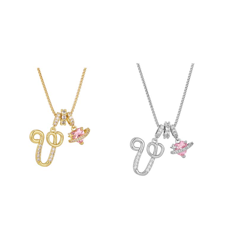 Collar con Dijes de Letra Inicial y Corazón Rosa