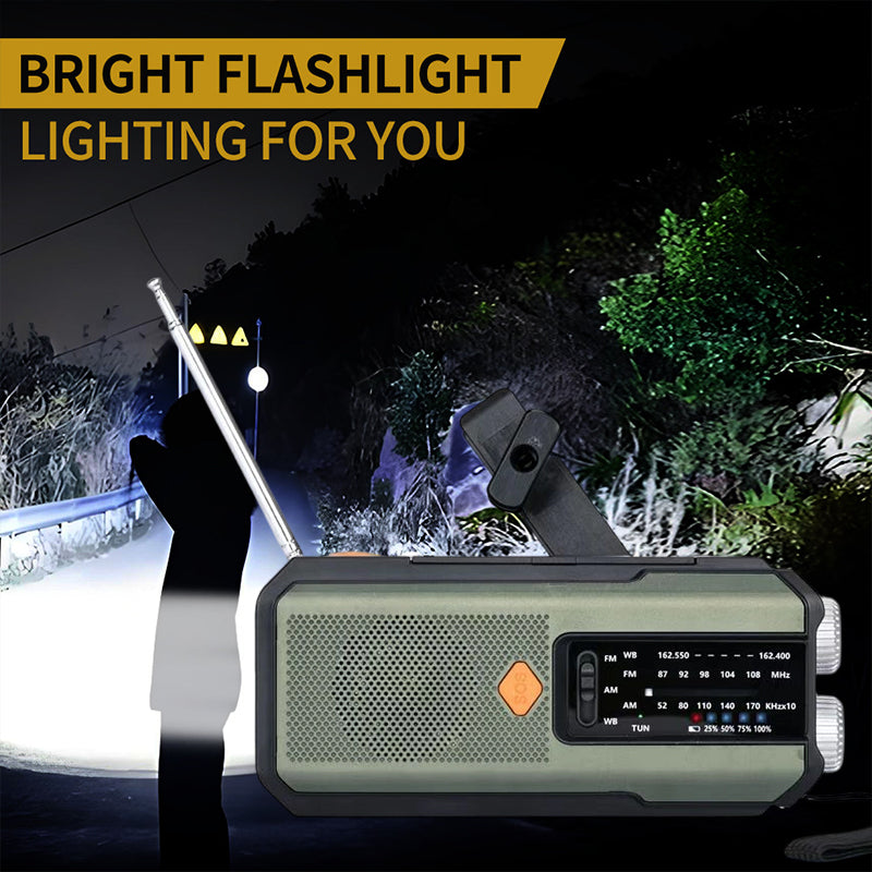 Radio de emergencia solar con manivela para alertas meteorológicas