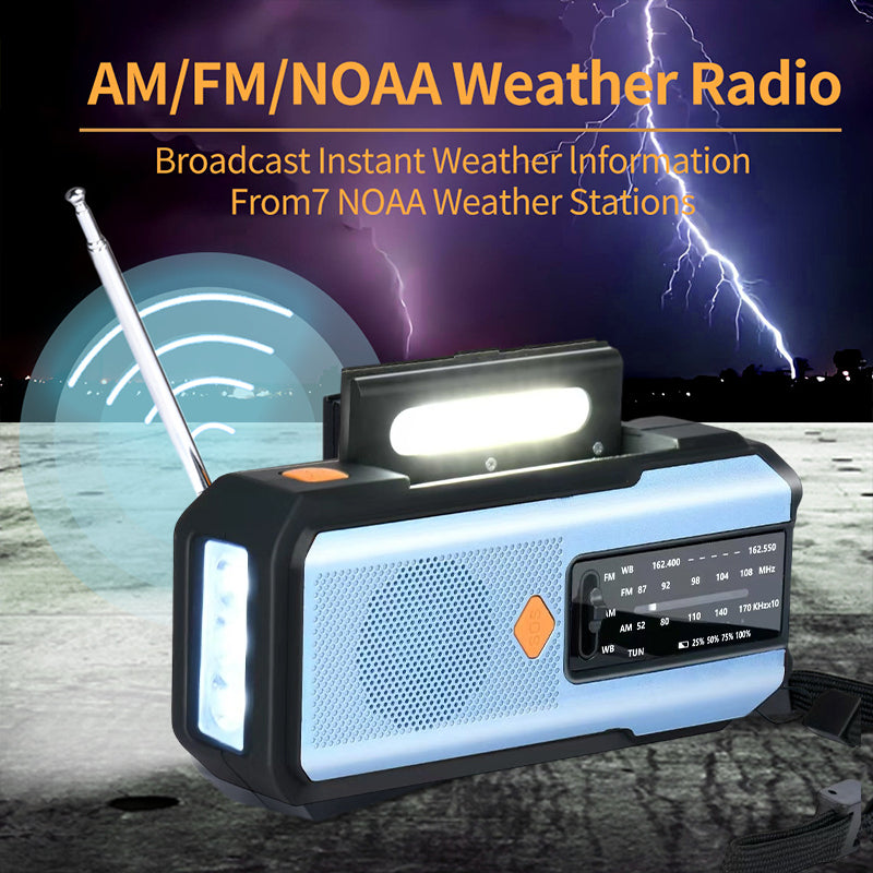 Radio de emergencia solar con manivela para alertas meteorológicas