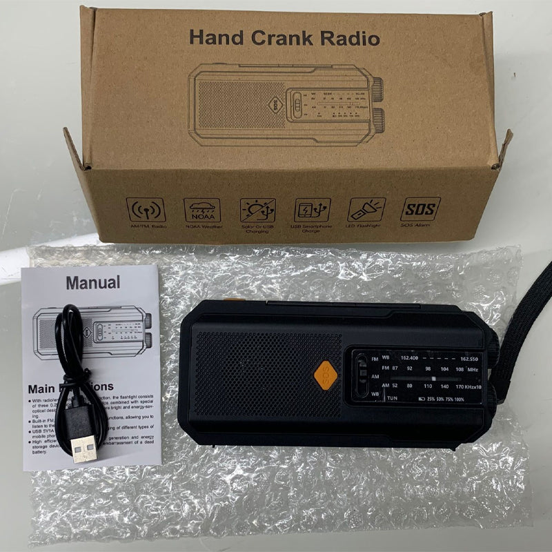 Radio de emergencia solar con manivela para alertas meteorológicas