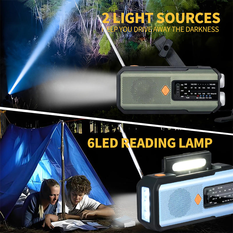 Radio de emergencia solar con manivela para alertas meteorológicas