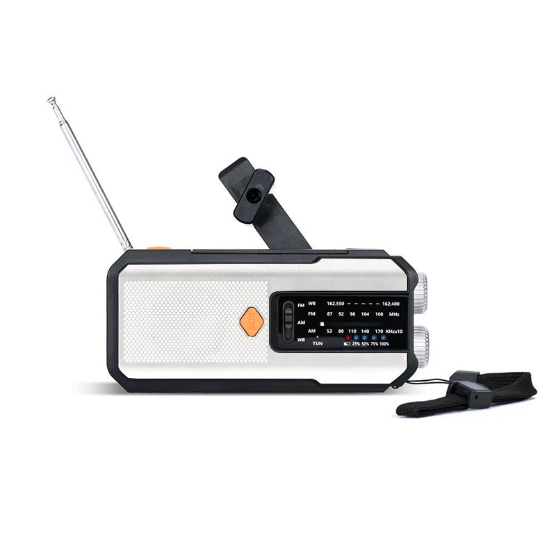 Radio de emergencia solar con manivela para alertas meteorológicas