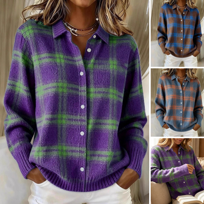 Chaqueta de camisa de cuadros abotonada para mujer