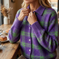 Chaqueta de camisa de cuadros abotonada para mujer