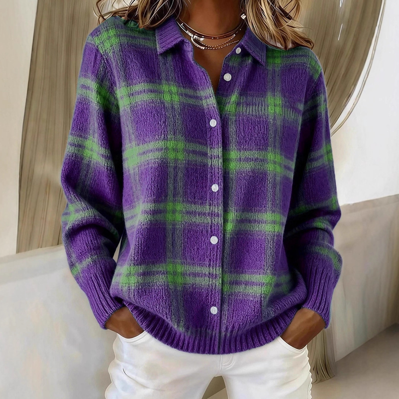 Chaqueta de camisa de cuadros abotonada para mujer