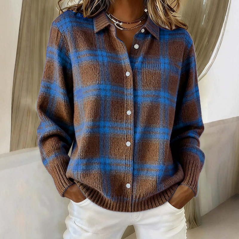 Chaqueta de camisa de cuadros abotonada para mujer