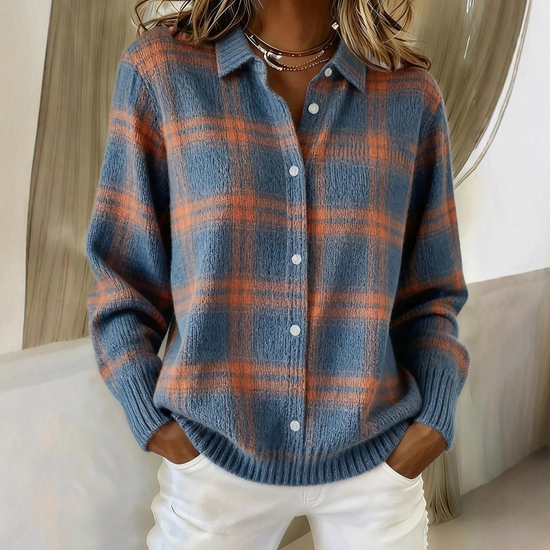 Chaqueta de camisa de cuadros abotonada para mujer
