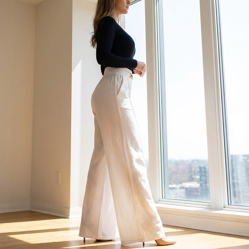 Pantalones femeninos de cintura ancha de cintura alta con acentos en cinturón