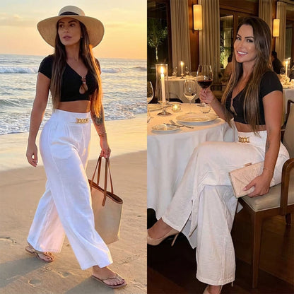 Pantalones femeninos de cintura ancha de cintura alta con acentos en cinturón