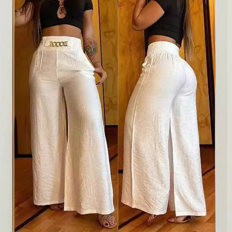 Pantalones femeninos de cintura ancha de cintura alta con acentos en cinturón