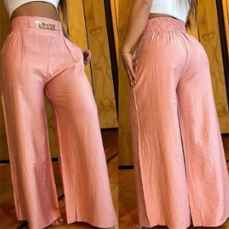Pantalones femeninos de cintura ancha de cintura alta con acentos en cinturón