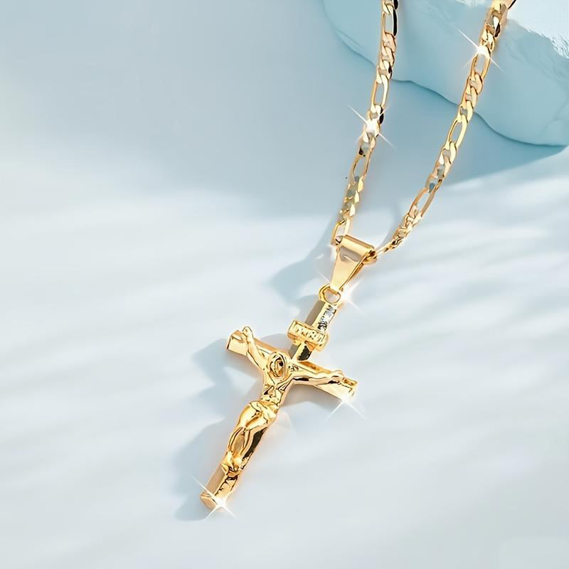 🔥【1° Más Vendido】🔥 ¡50% DE DESCUENTO! ⏰ Collar con colgante de crucifijo tono dorado – Diseño detallado INRI, cadena Figaro ajustable y joya religiosa para el día a día ✝️✨