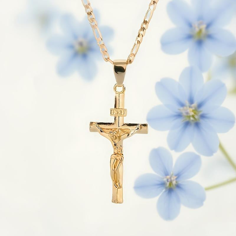 🔥【1° Más Vendido】🔥 ¡50% DE DESCUENTO! ⏰ Collar con colgante de crucifijo tono dorado – Diseño detallado INRI, cadena Figaro ajustable y joya religiosa para el día a día ✝️✨