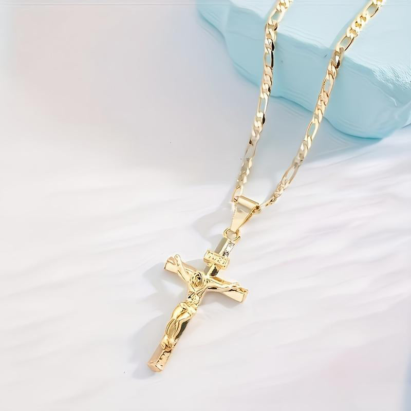 🔥【1° Más Vendido】🔥 ¡50% DE DESCUENTO! ⏰ Collar con colgante de crucifijo tono dorado – Diseño detallado INRI, cadena Figaro ajustable y joya religiosa para el día a día ✝️✨