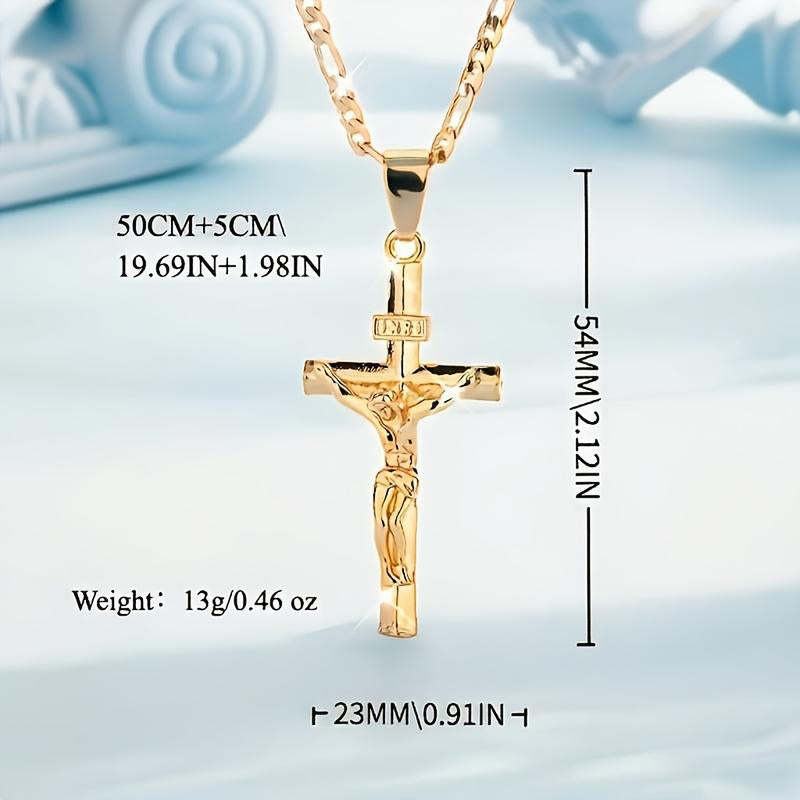 🔥【1° Más Vendido】🔥 ¡50% DE DESCUENTO! ⏰ Collar con colgante de crucifijo tono dorado – Diseño detallado INRI, cadena Figaro ajustable y joya religiosa para el día a día ✝️✨
