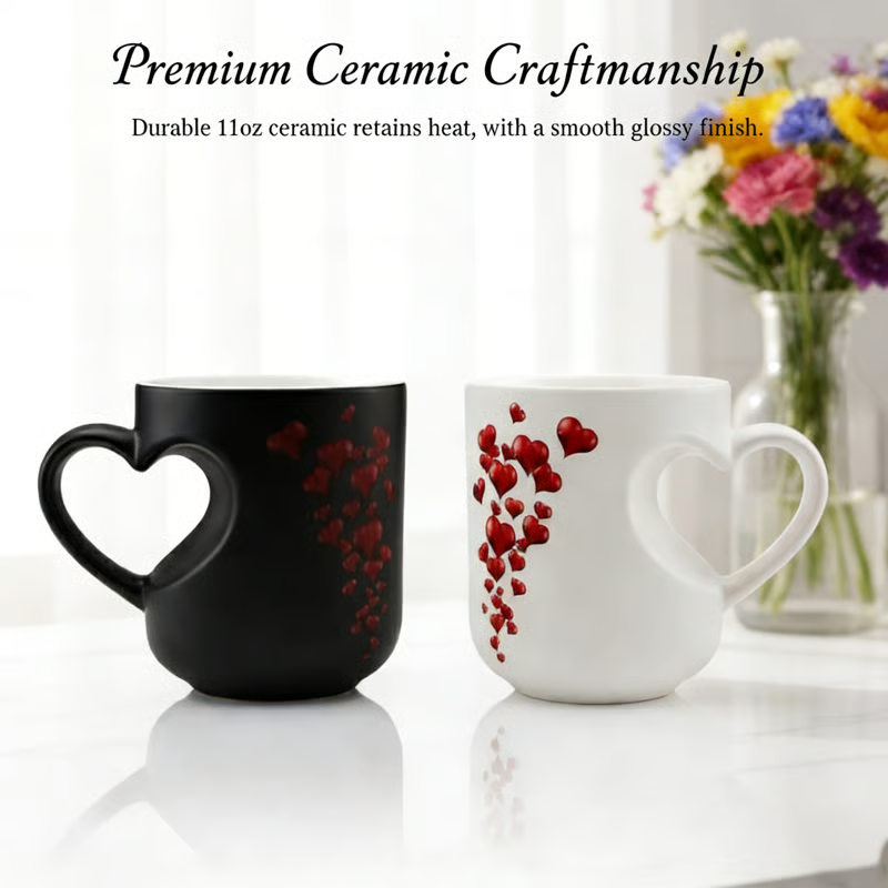 Taza de cerámica que cambia de color con asa en forma de corazón 💝✨