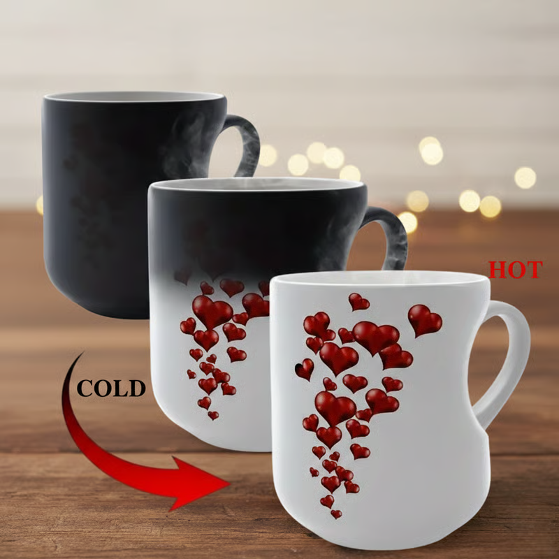 Taza de cerámica que cambia de color con asa en forma de corazón 💝✨