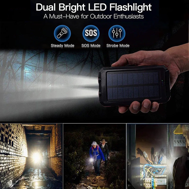 🔥Batería externa portátil de 10 000 mAh con energía solar, cargador solar con dos linternas LED, batería externa para viajes y acampadas.