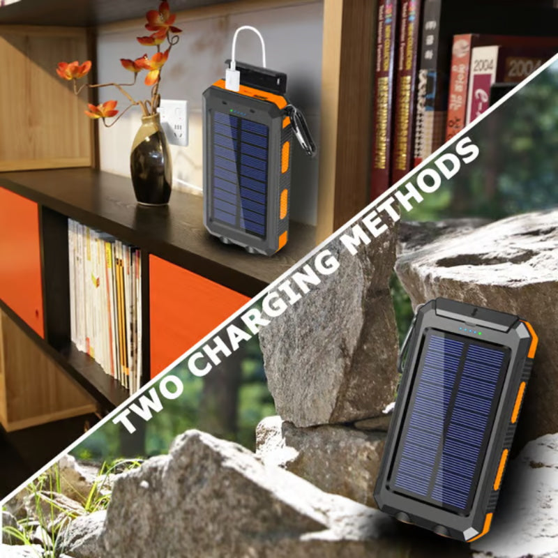 🔥Batería externa portátil de 10 000 mAh con energía solar, cargador solar con dos linternas LED, batería externa para viajes y acampadas.