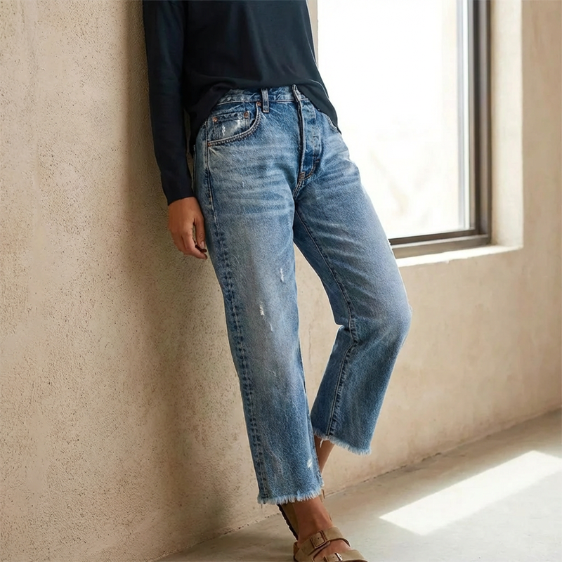 Jeans de Mezclilla para Mujer Corte Recto Estilo Retro Cropped