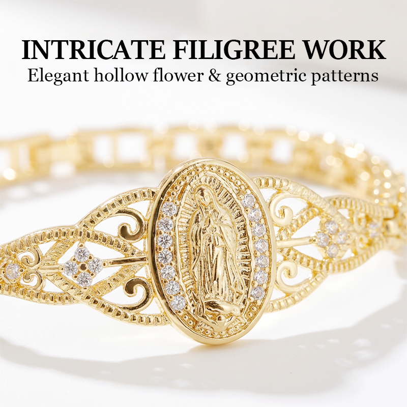 🌼 ¡OFERTA POR TIEMPO LIMITADO 54% DE DESCUENTO! ✨ Pulsera Elegante de Flor Hueca con la Virgen María – Diseño de Filigrana, Cobre Chapado en Oro 🕊️
