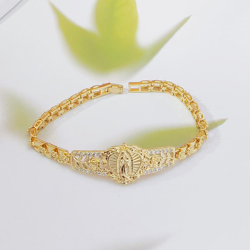 🌼 ¡OFERTA POR TIEMPO LIMITADO 54% DE DESCUENTO! ✨ Pulsera Elegante de Flor Hueca con la Virgen María – Diseño de Filigrana, Cobre Chapado en Oro 🕊️