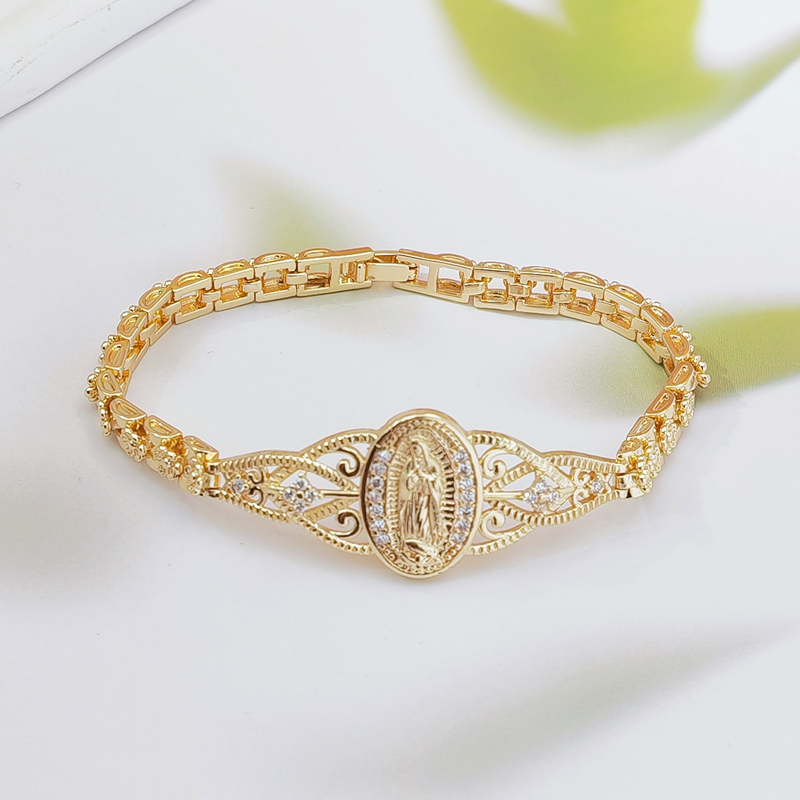 🌼 ¡OFERTA POR TIEMPO LIMITADO 54% DE DESCUENTO! ✨ Pulsera Elegante de Flor Hueca con la Virgen María – Diseño de Filigrana, Cobre Chapado en Oro 🕊️