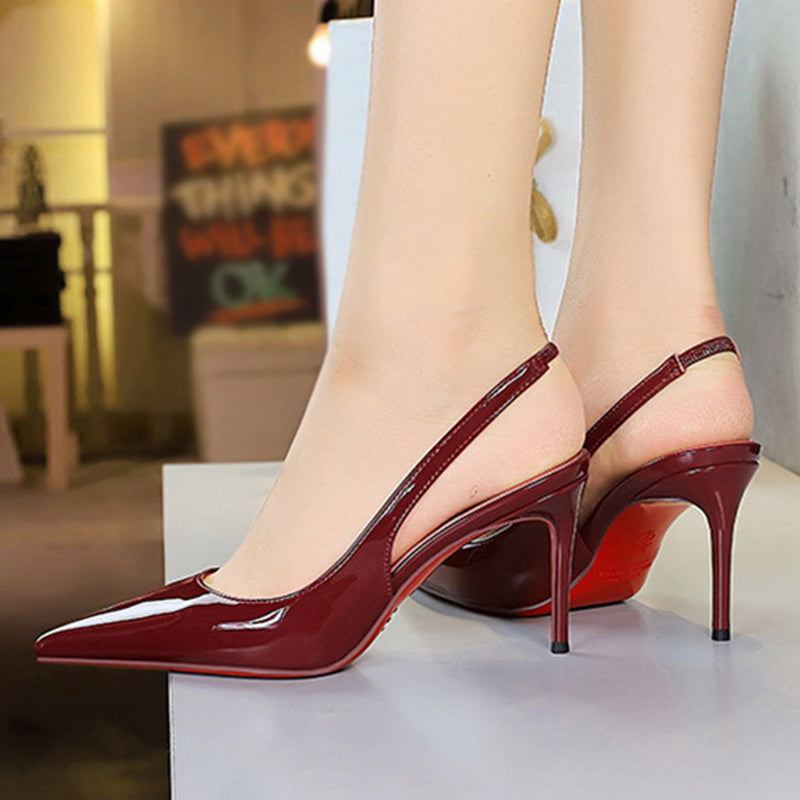 Zapatos de tacón de aguja con punta afilada y talón abierto de charol para mujer