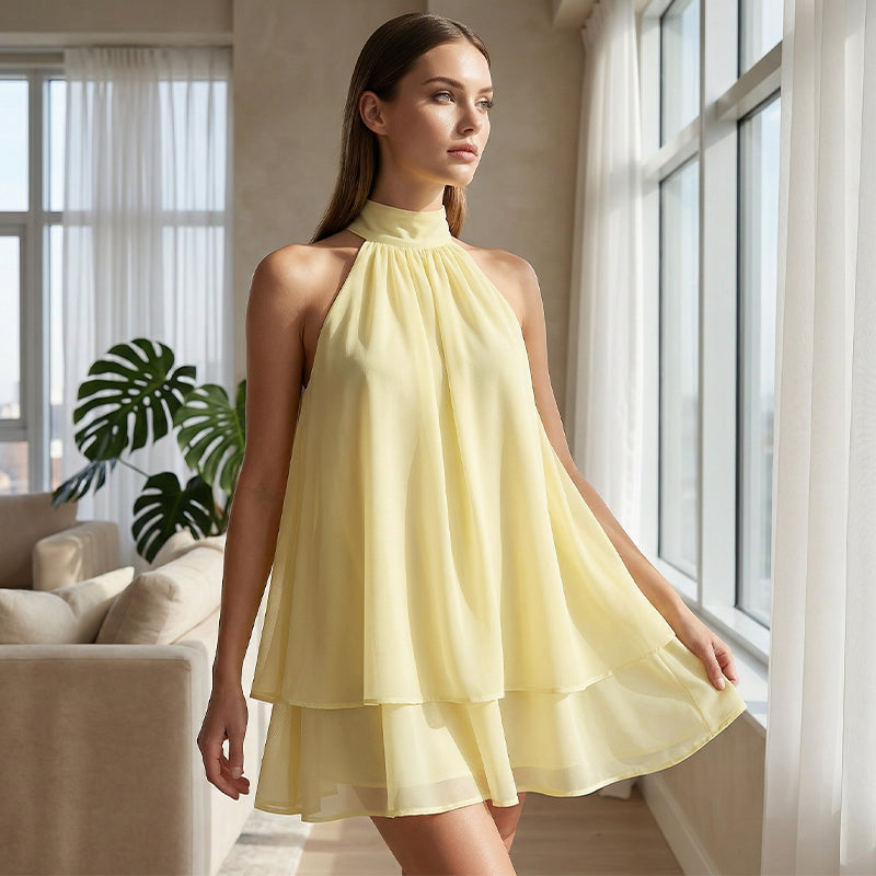 Vestido mini fluido de mujer con cuello halter y cintura caíd