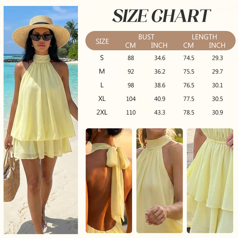 Vestido mini fluido de mujer con cuello halter y cintura caíd