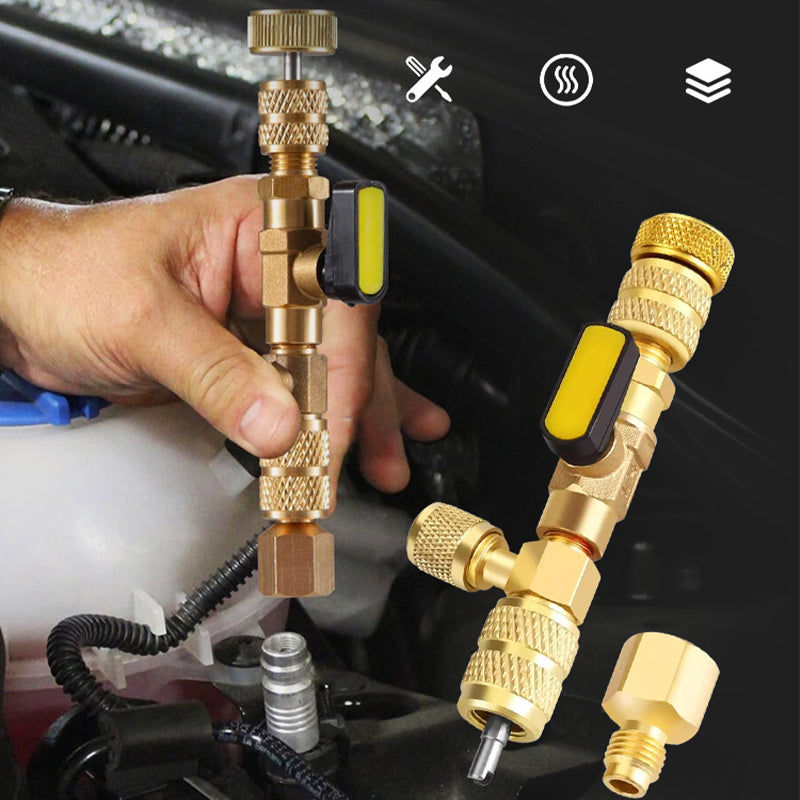 🔧⏰ 50% de descuento ahora! Herramienta de eliminación de núcleo de válvula de CA - puertos SAE dobles, construcción de latón sólido, incluye 10 núcleos adicionales ❄️🔩