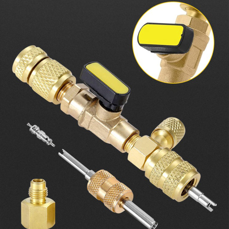 🔧⏰ 50% de descuento ahora! Herramienta de eliminación de núcleo de válvula de CA - puertos SAE dobles, construcción de latón sólido, incluye 10 núcleos adicionales ❄️🔩