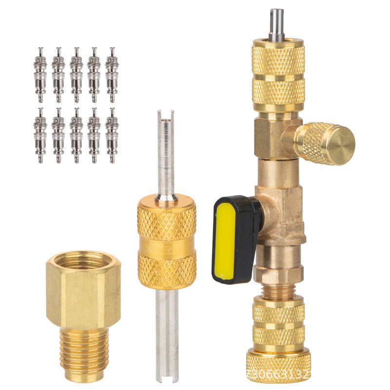 🔧⏰ 50% de descuento ahora! Herramienta de eliminación de núcleo de válvula de CA - puertos SAE dobles, construcción de latón sólido, incluye 10 núcleos adicionales ❄️🔩